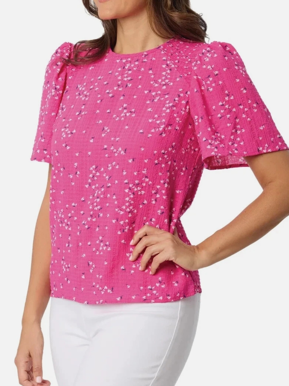 Draper James Hot Pink Short Sleeve Textured Floral Top